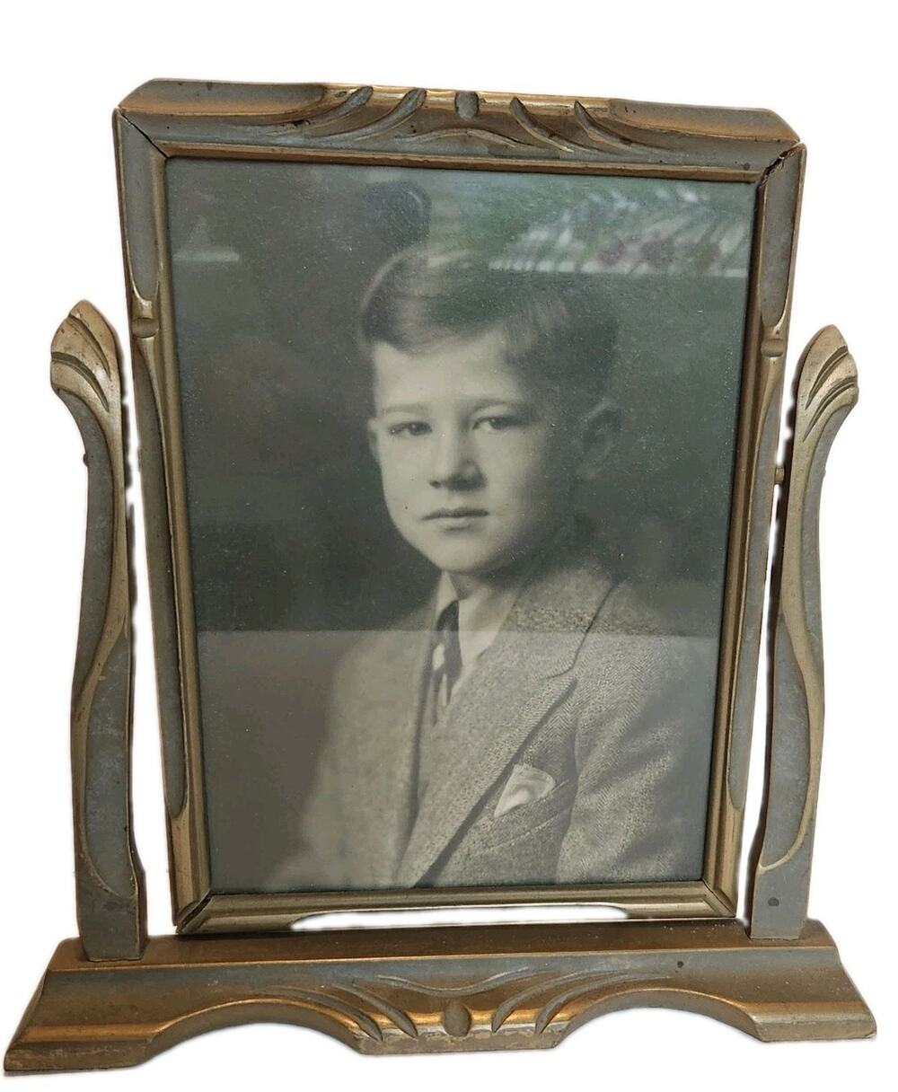 Antique Art Deco Tilt Swivel Standing Wood Picture Photo Frame w/ Old Portrait